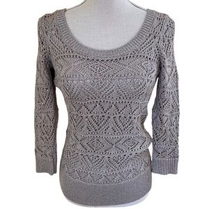 White House Black Market Open Knit Metallic Pullover Sweater in "Pearl Dust”